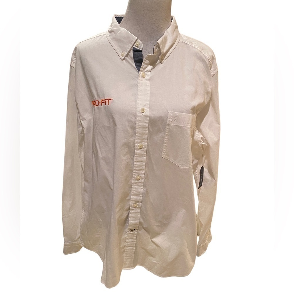 Nautica Shirt White Button Down Long Sleeve Casual Shirt Pro-Fit embroidered
